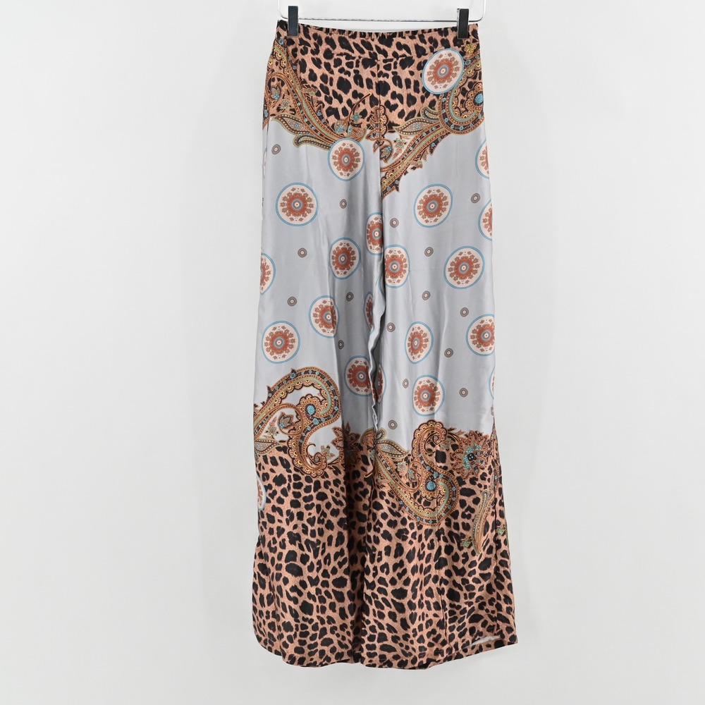 Lulus Womens Island Getaway Blue Multi Scarf Print‎ Satin Wide-Leg Pants Size S